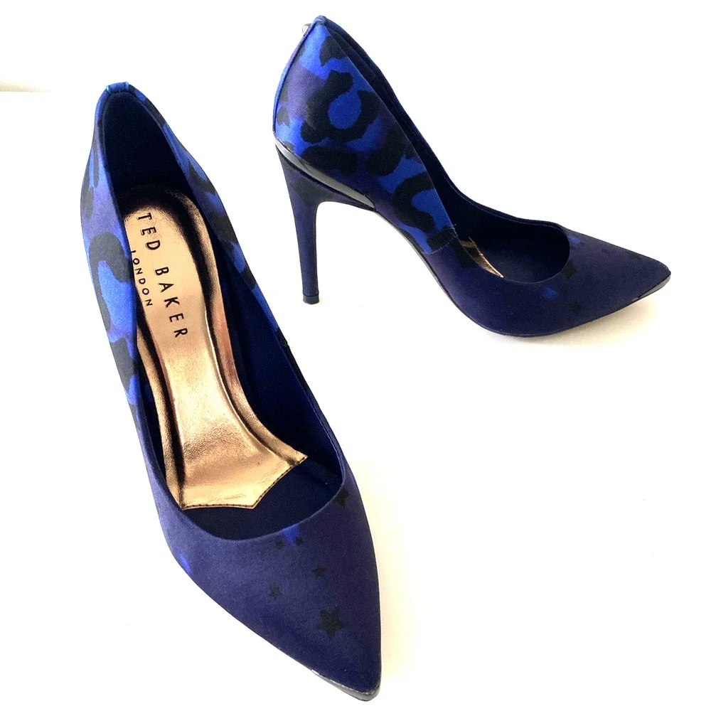 TED BAKER Navy Star Leopard Iziie Toe Stiletto Slip On Pump Point Blue Satin 5